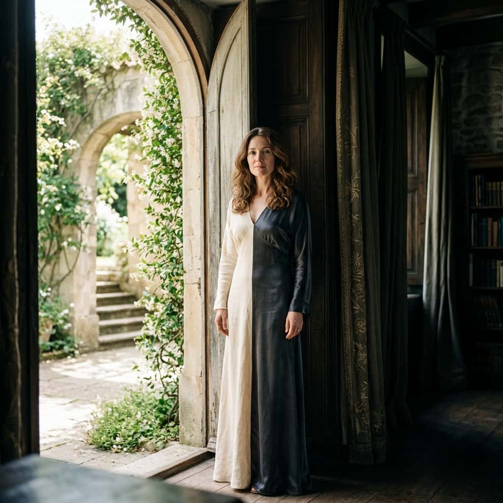 A woman standing at the threshold of soft daylight and deep shadow, representing the light and dark feminine spectrum