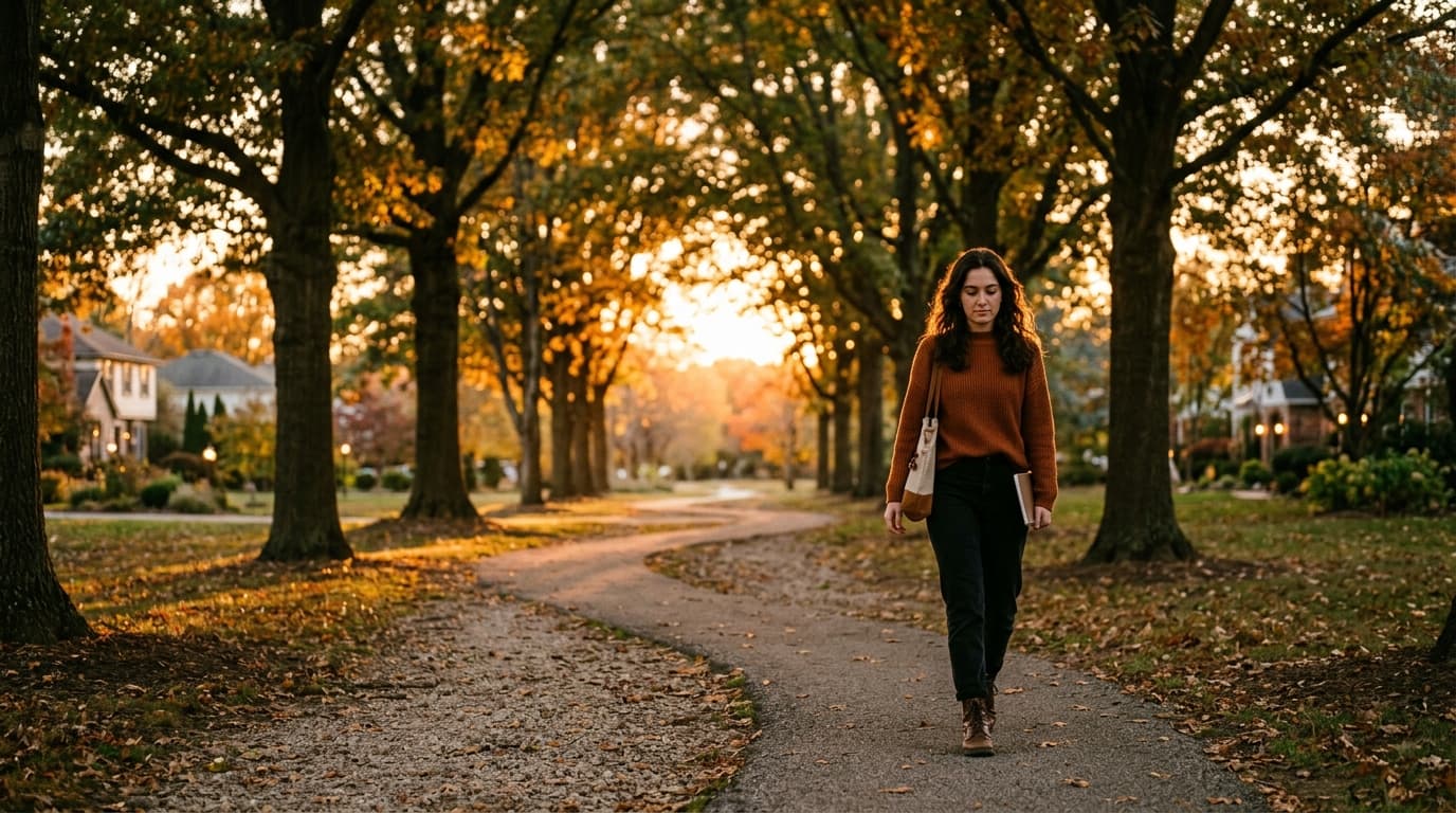 A young person walking down a serene tree-lined suburban path at golden hour, representing personal boundaries and reflection