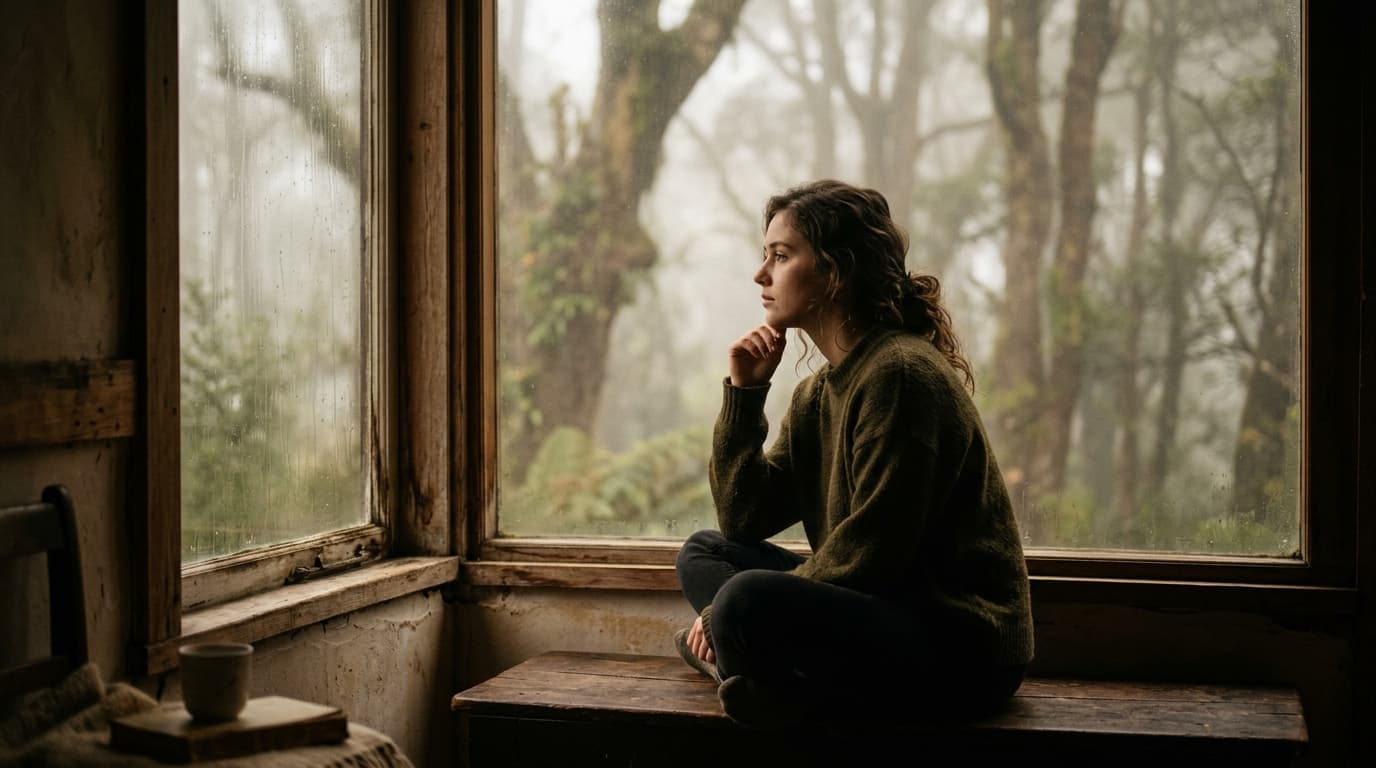 A young woman sitting thoughtfully by soft window light, representing quiet psychological reflection and trauma healing