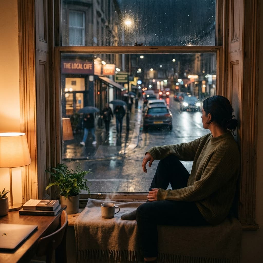 A person sitting on a window sill inside a warm room, looking out at a rainy street, representing avoidant attachment triggers and emotional distance