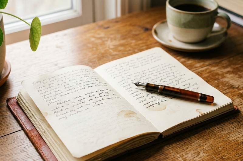 An open journal on a warm wooden surface with a pen resting diagonally across the page, representing self-reflection and therapeutic writing