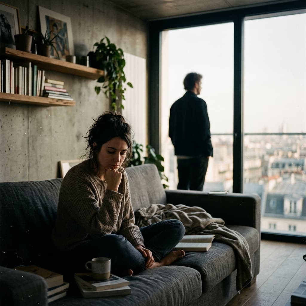 A woman looking over her shoulder with an expression suspended between turning back and moving forward, representing the anxious-avoidant relationship trap