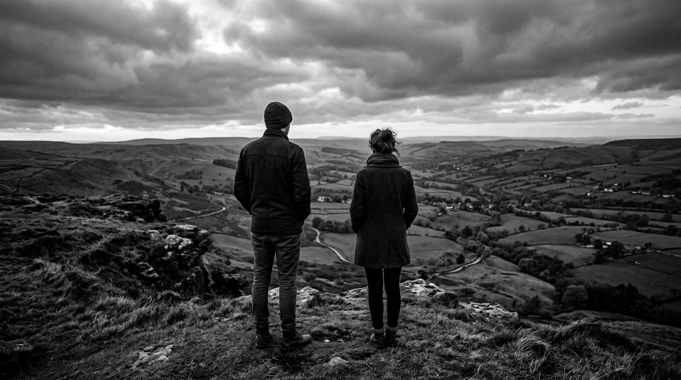 A young couple standing on a hill looking out at countryside with emotional distance between them