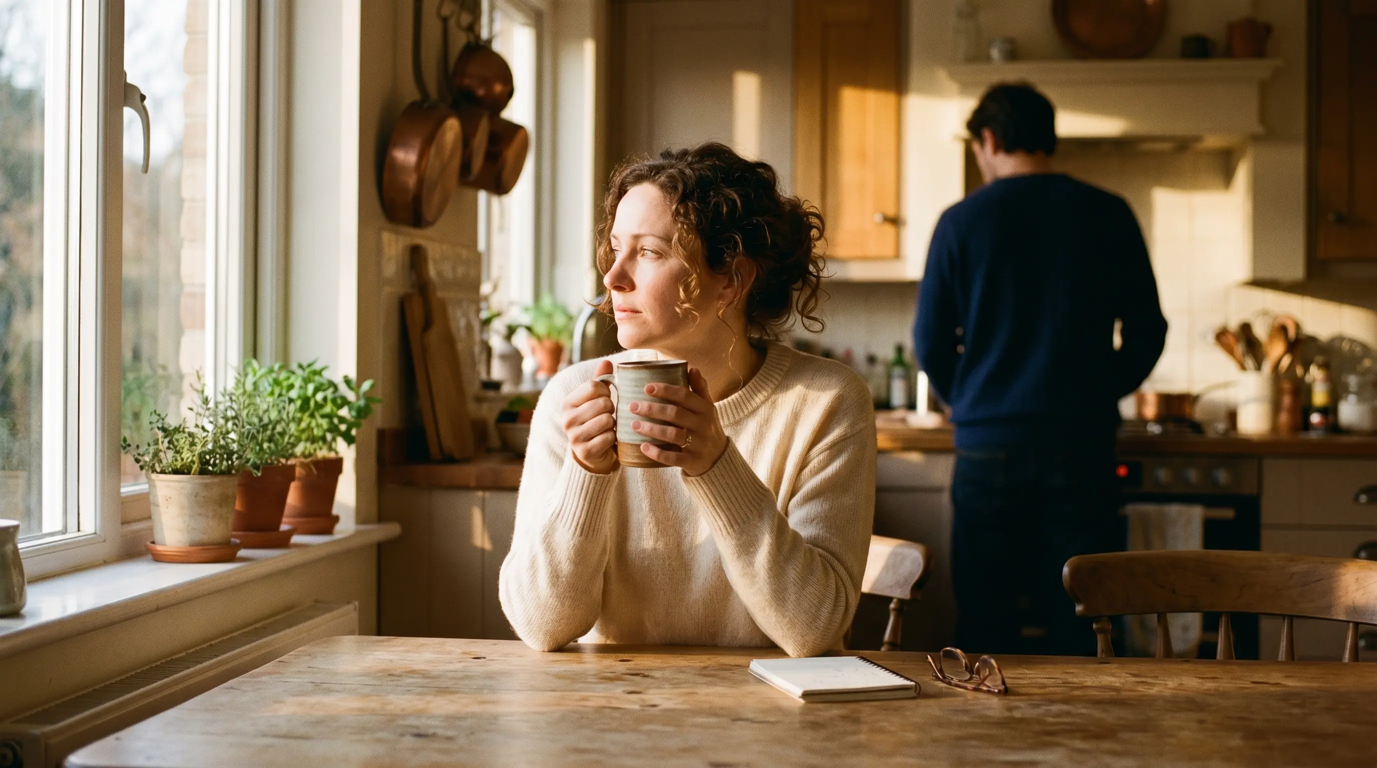 A woman sitting alone, reflecting on relationship triggers and emotional space