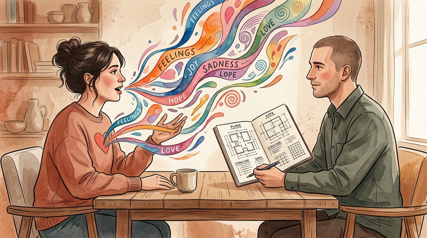 Editorial psychology illustration of couple communication with alexithymia, balancing emotional expression with structured listening