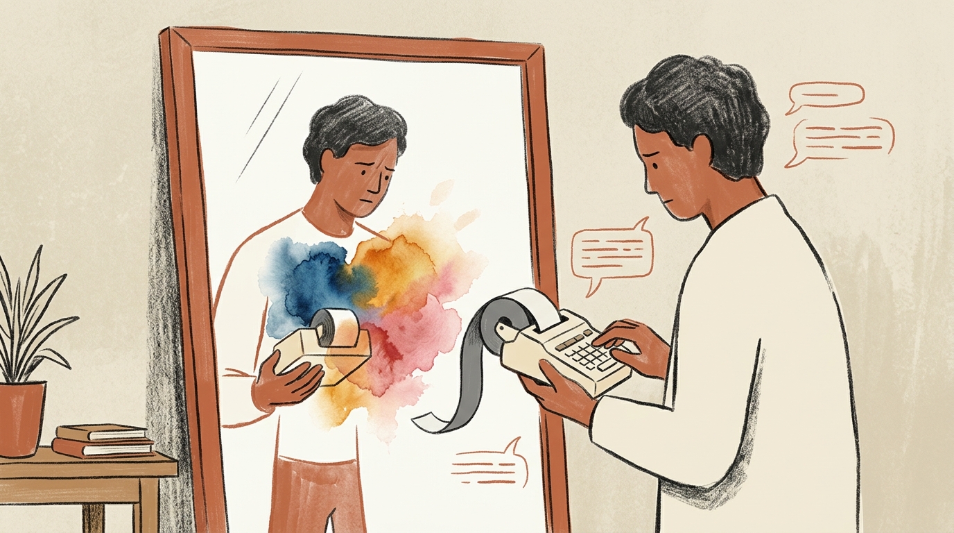 Editorial psychology illustration of alexithymia signs, showing a person with internal emotional colors seeking descriptive words