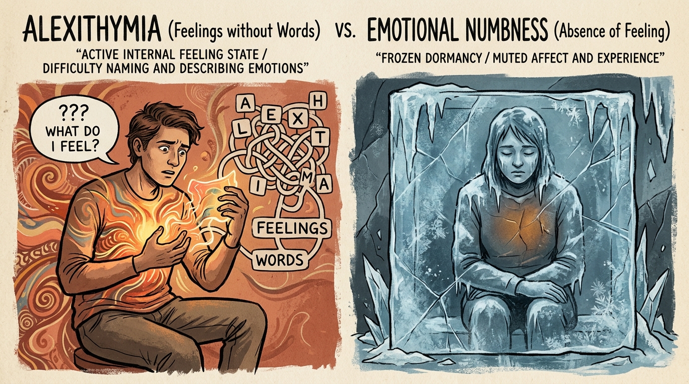 Editorial psychology illustration comparing alexithymia as unnamed feelings with emotional numbness as protective frozen affect
