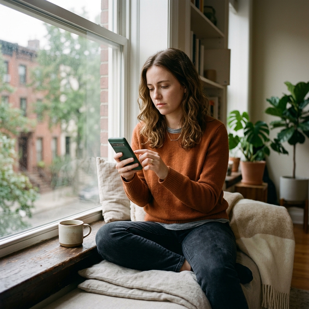 A woman sitting thoughtfully by a window in quiet contemplation