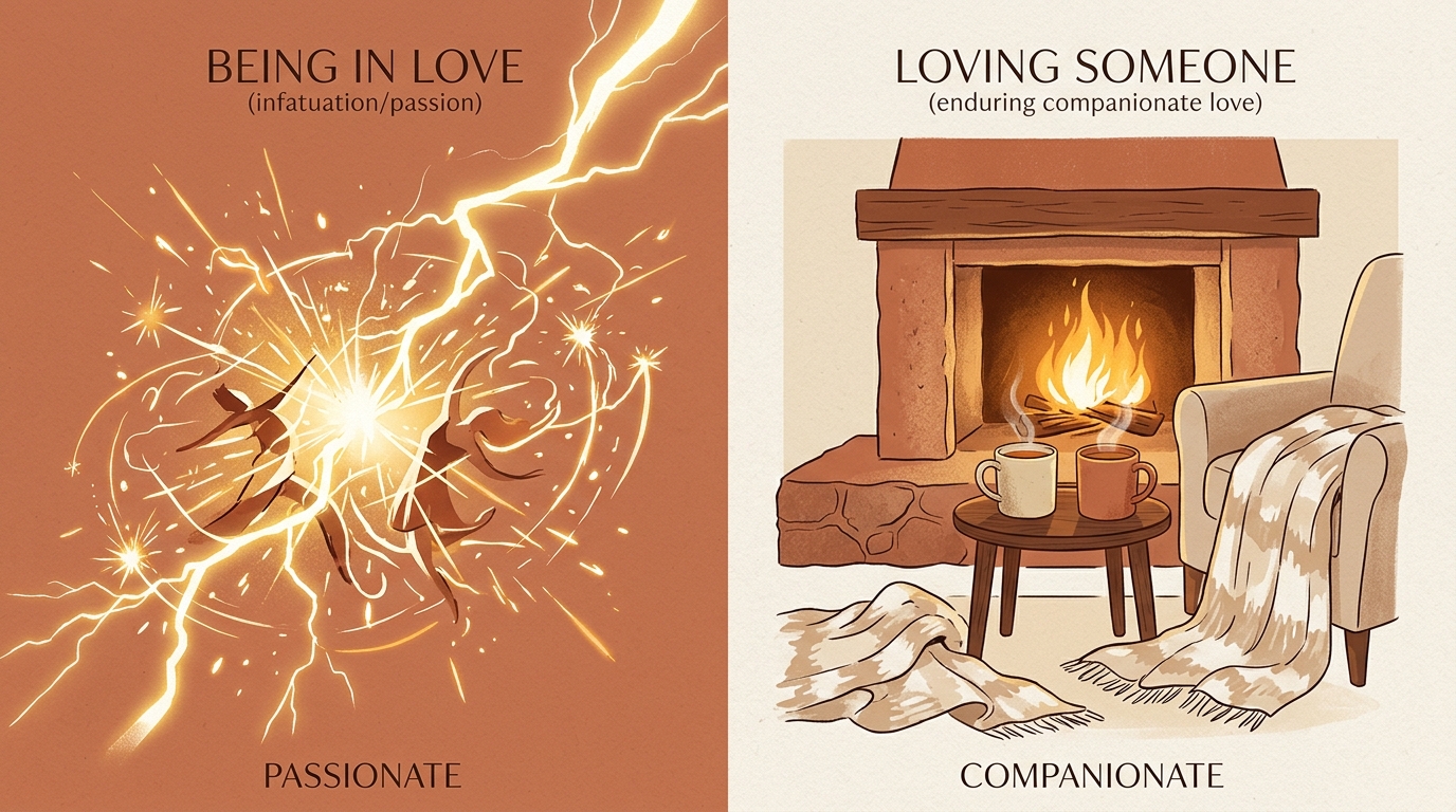 Editorial psychology illustration of passionate love as lightning versus companionate love as a warm hearth fireplace