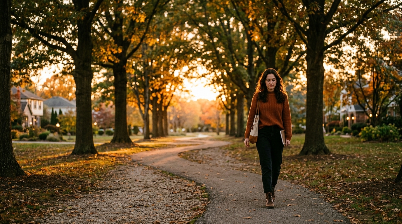 A young person walking down a serene tree-lined suburban path at golden hour, representing personal boundaries and reflection