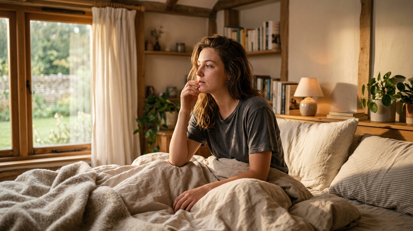 A person sitting up in bed during soft golden morning light, reflecting on sleep recovery