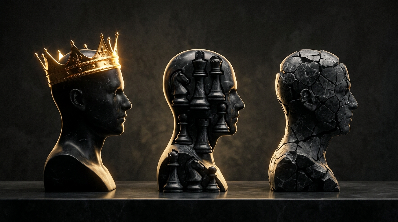 Editorial psychology illustration of the Dark Triad traits, depicting narcissism, Machiavellianism, and psychopathy