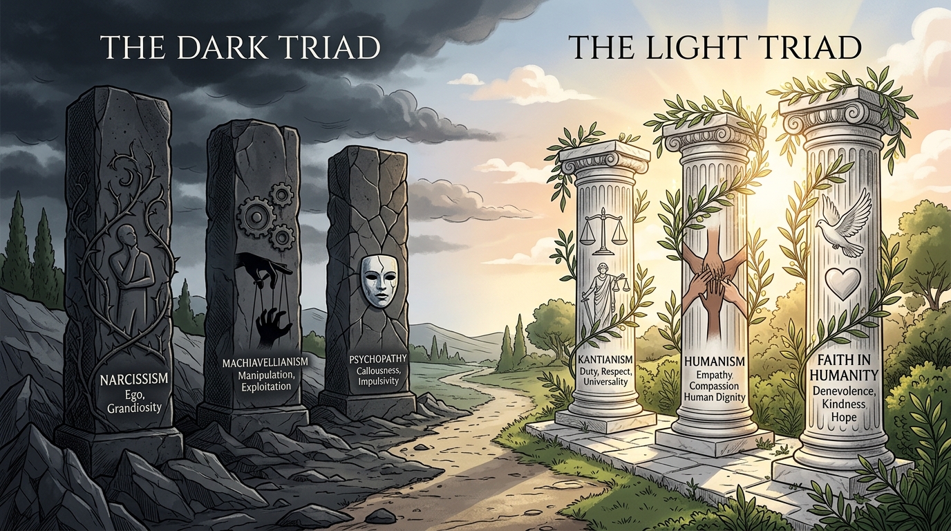 Editorial psychology illustration contrasting the Dark Triad stone pillars with the Light Triad marble columns