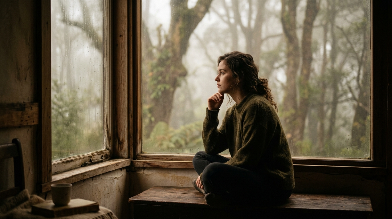 A young woman sitting thoughtfully by soft window light, representing quiet psychological reflection and trauma healing