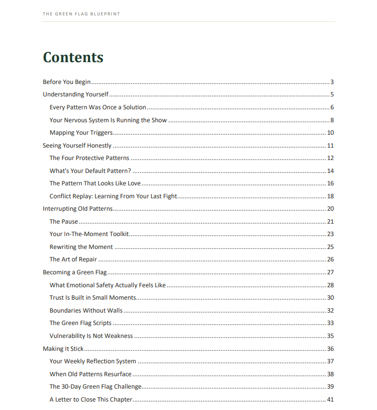 Table of Contents for The Green Flag Blueprint workbook showing all 5 parts and 20 chapters