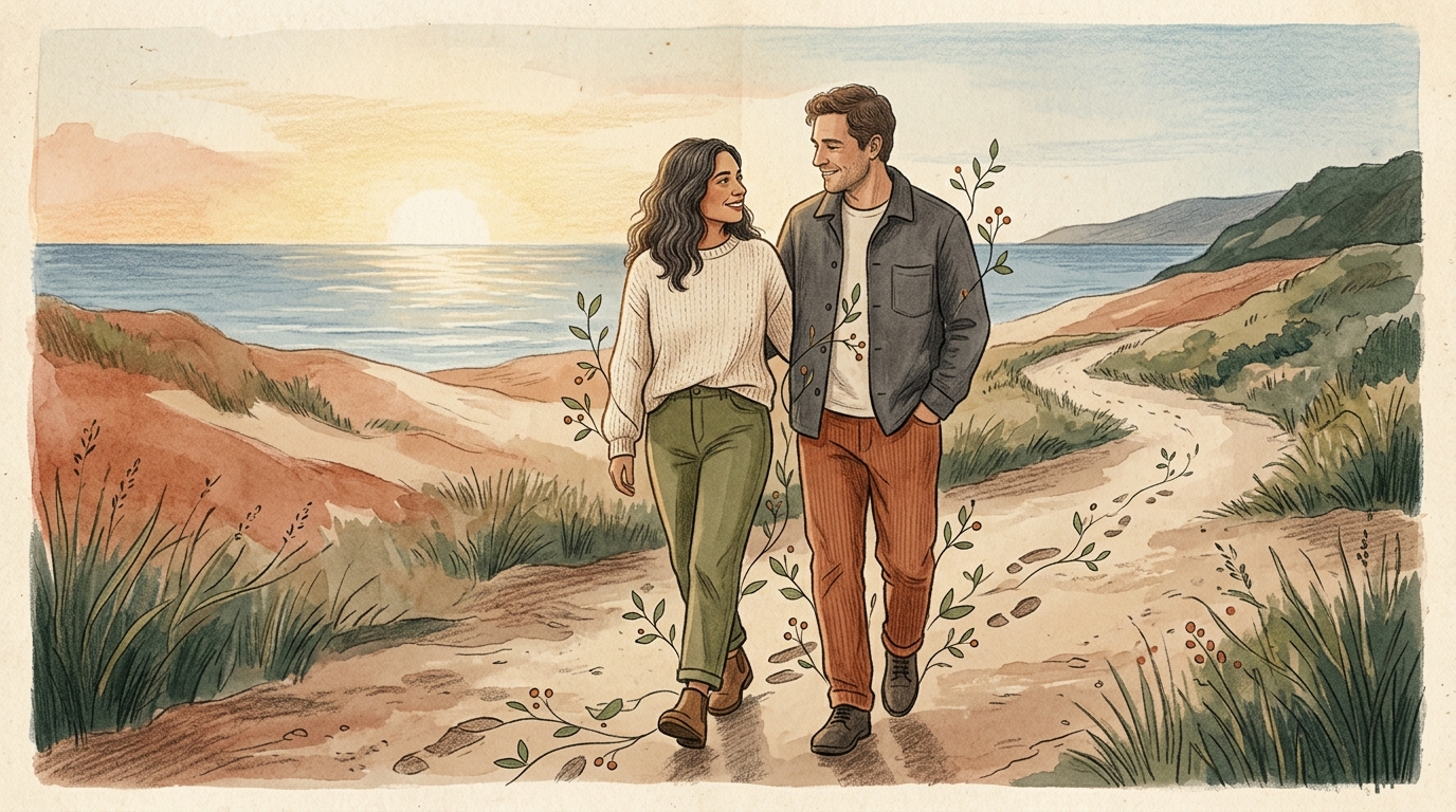 Editorial illustration of a couple walking peacefully on a coastal path at sunset, representing genuine romantic love