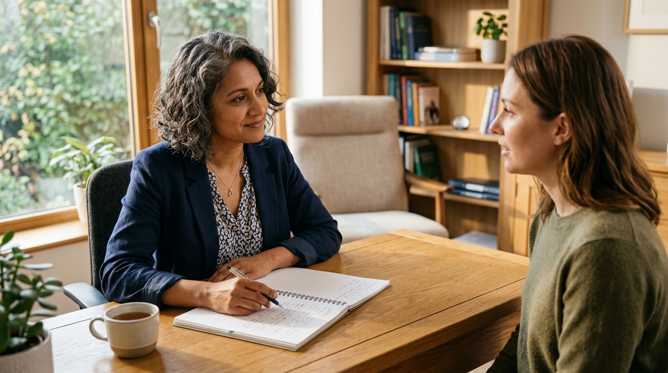 A medical psychiatrist in a sunlit consultation room reviewing notes with a patient
