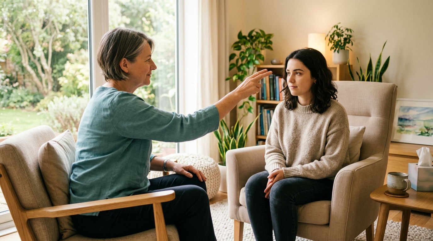 A therapist guiding light bilateral stimulation during a trauma reprocessing EMDR therapy session