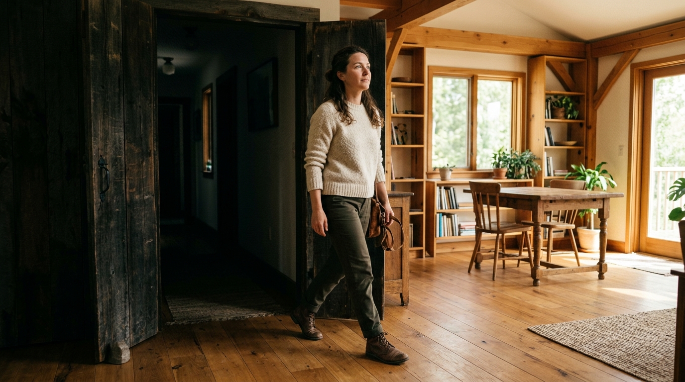 A person stepping from a shadowy doorway into a bright, warm sunlit room representing safety and clarity