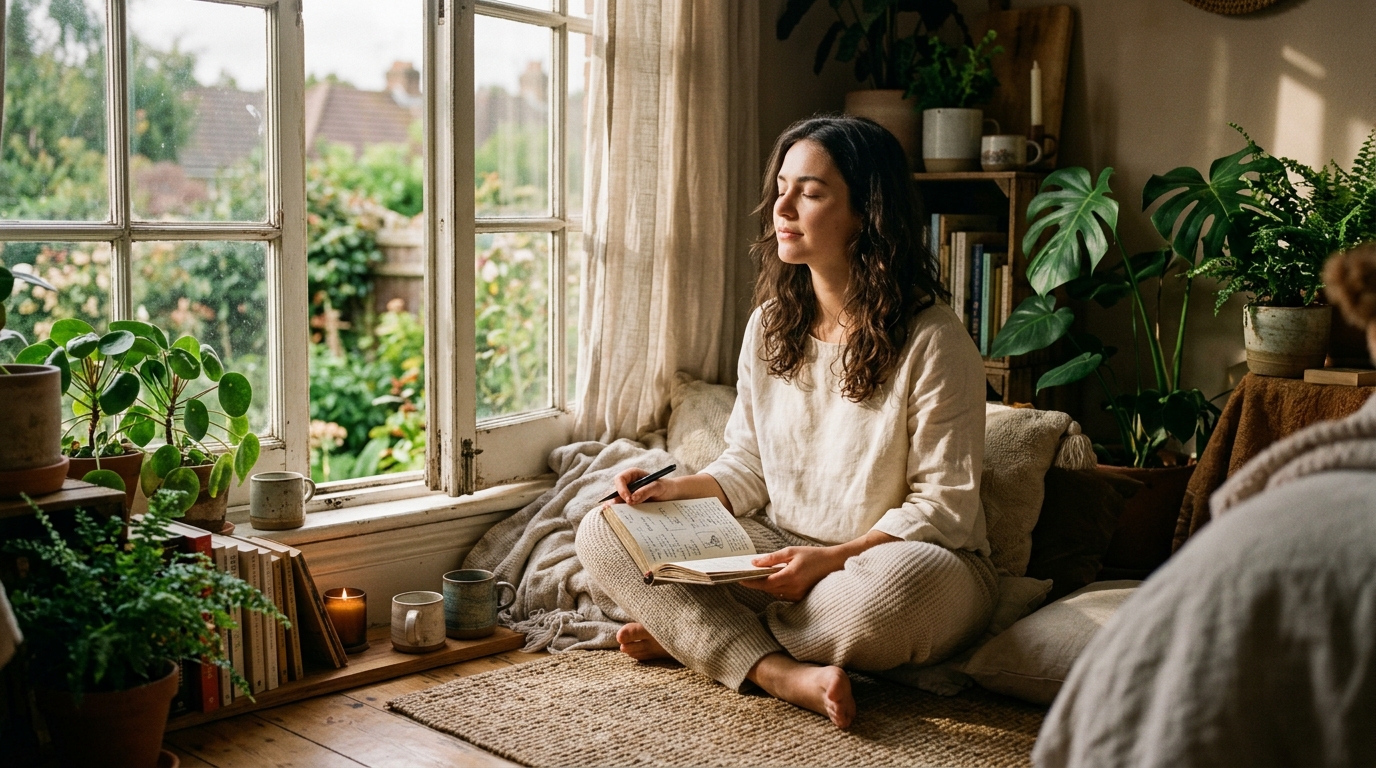A woman sitting in a sunlit room practicing mindful self-reflection and emotional calm in a journal