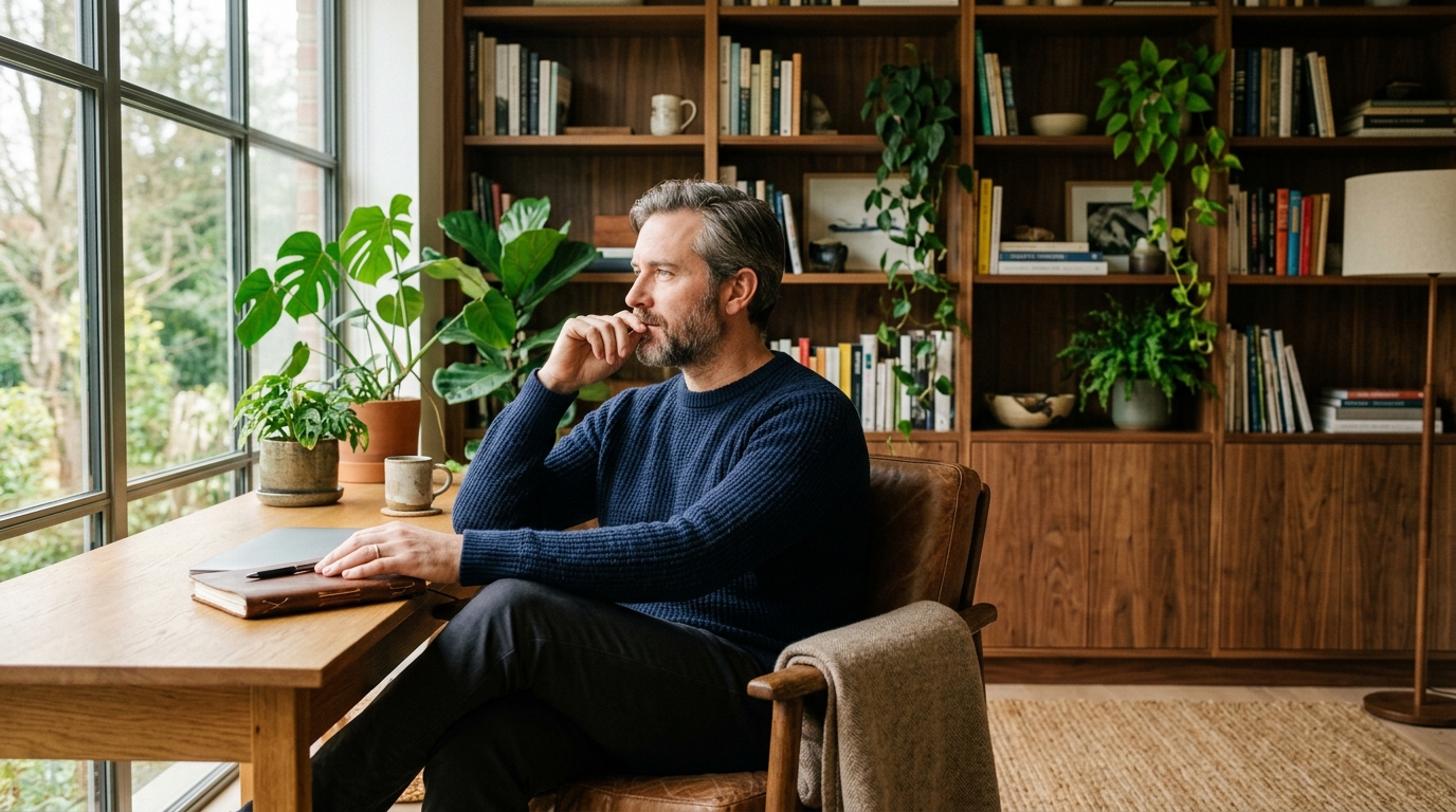 A thoughtful man sitting in a calm study reflecting with openness and emotional self-awareness