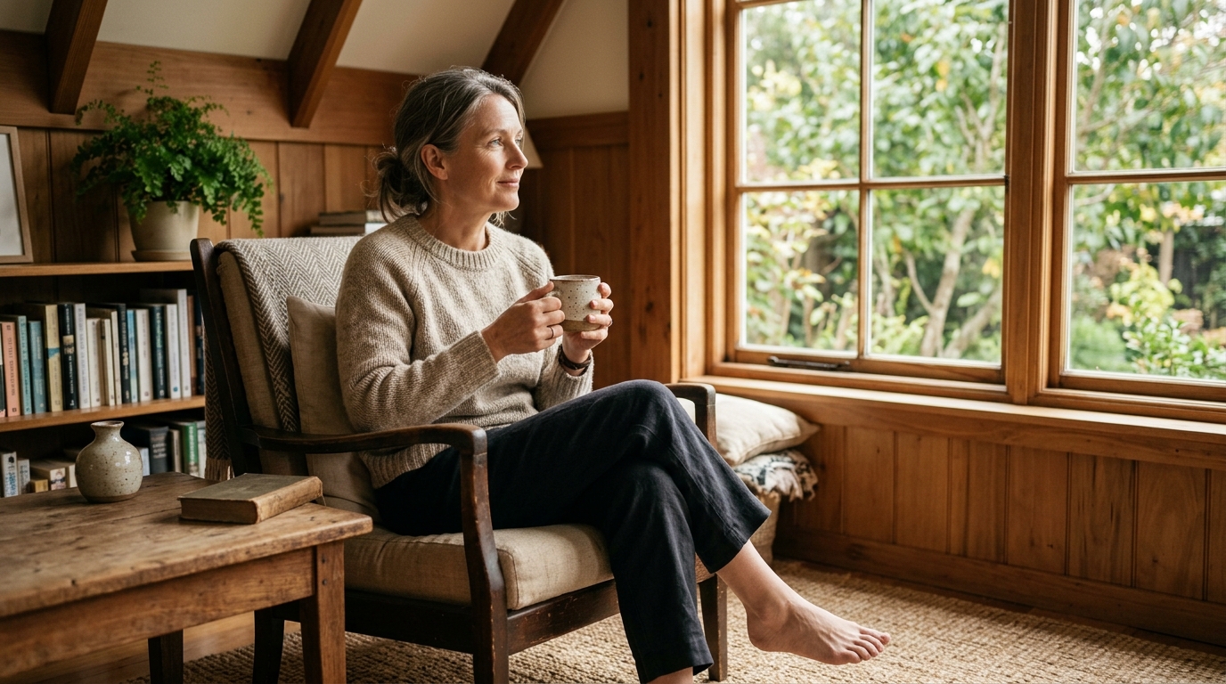 A calm adult sitting peacefully in a sunlit room after establishing healthy family boundaries