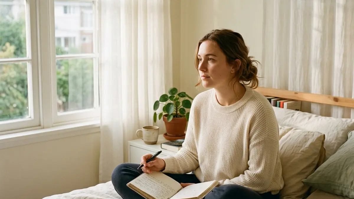 A young woman sitting cross-legged on a bed near a large window, processing thoughts with a journal open