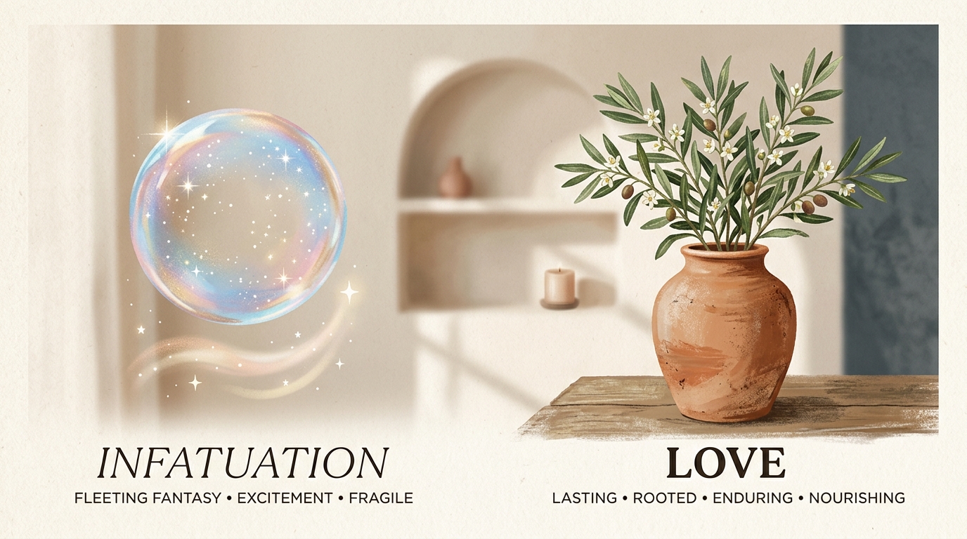 Editorial psychology illustration comparing infatuation as a fragile bubble to authentic love as an enduring flowering plant