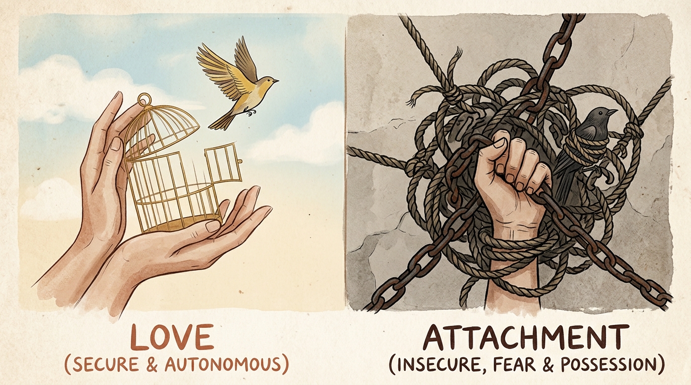 Editorial psychology illustration comparing secure autonomous love to insecure attachment and fear of loss