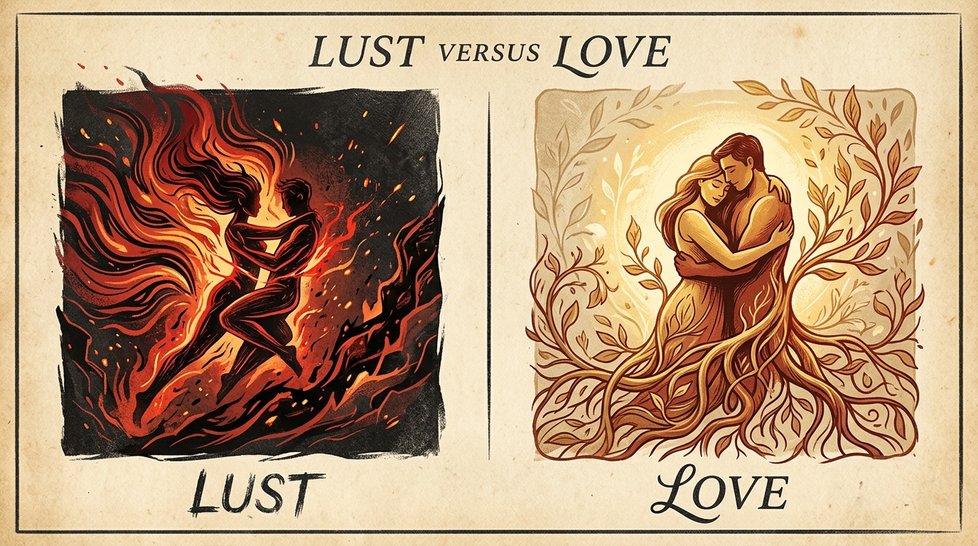 Editorial psychology illustration of lust versus love, contrasting physical fire with enduring rooted emotional intimacy