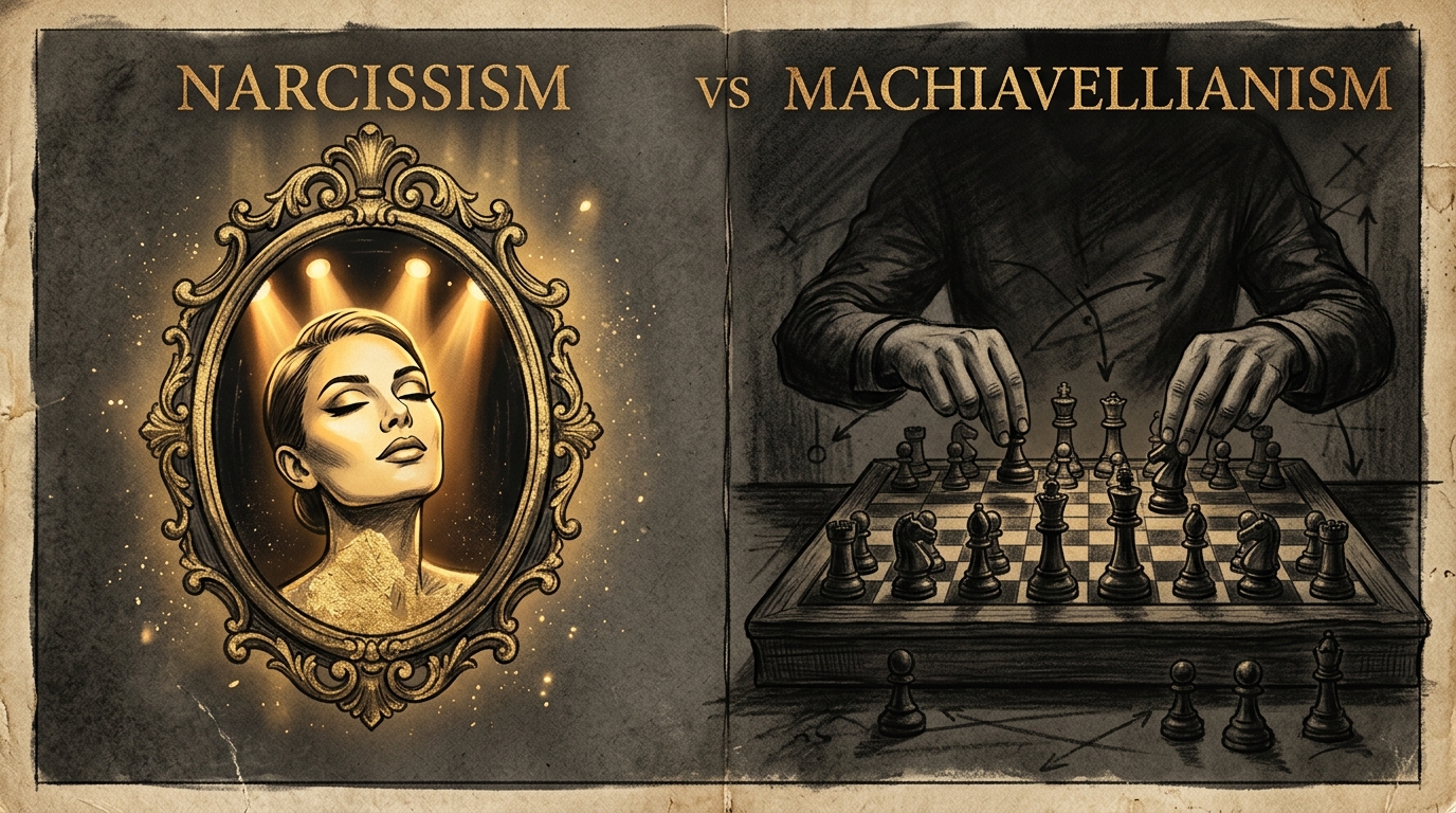 Editorial psychology illustration contrasting narcissistic ego validation with Machiavellian strategic chess manipulation