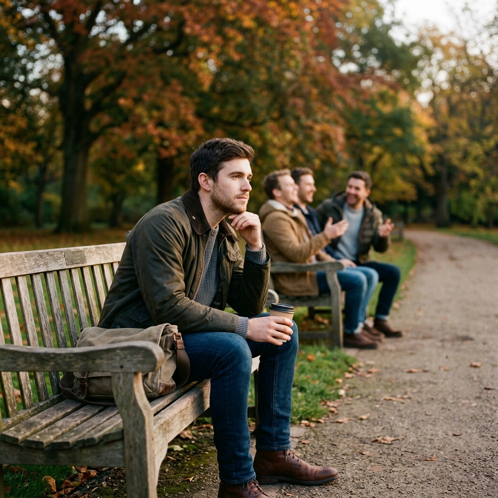 A man sitting alone on a park bench while male friends talk in the background, symbolizing isolation
