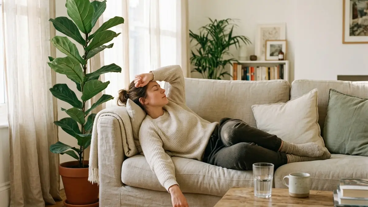A woman lying on a light linen couch in a calm airy living room, curled up and resting, representing burnout recovery