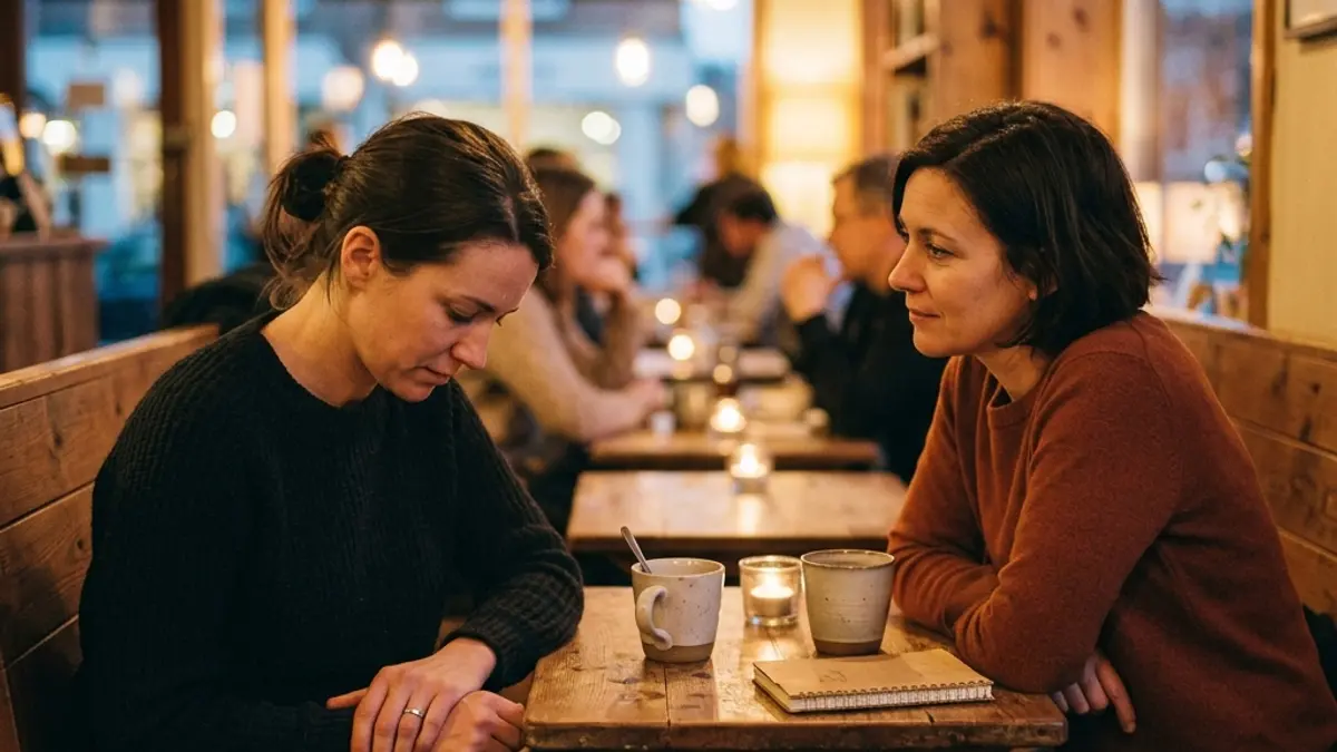 Two women sitting across from each other at a small table in a warmly lit interior in deep discussion