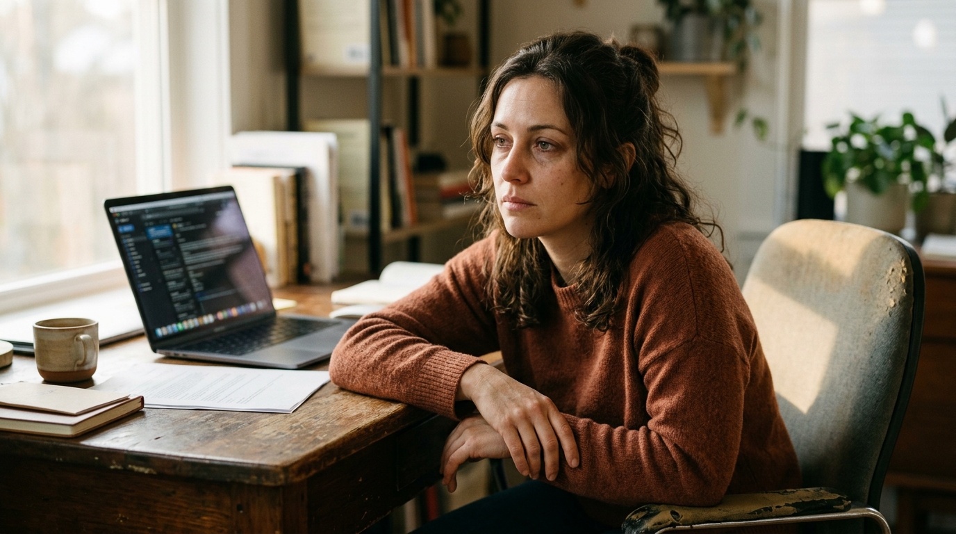A professional sitting at a desk looking weary and thoughtful in soft natural light