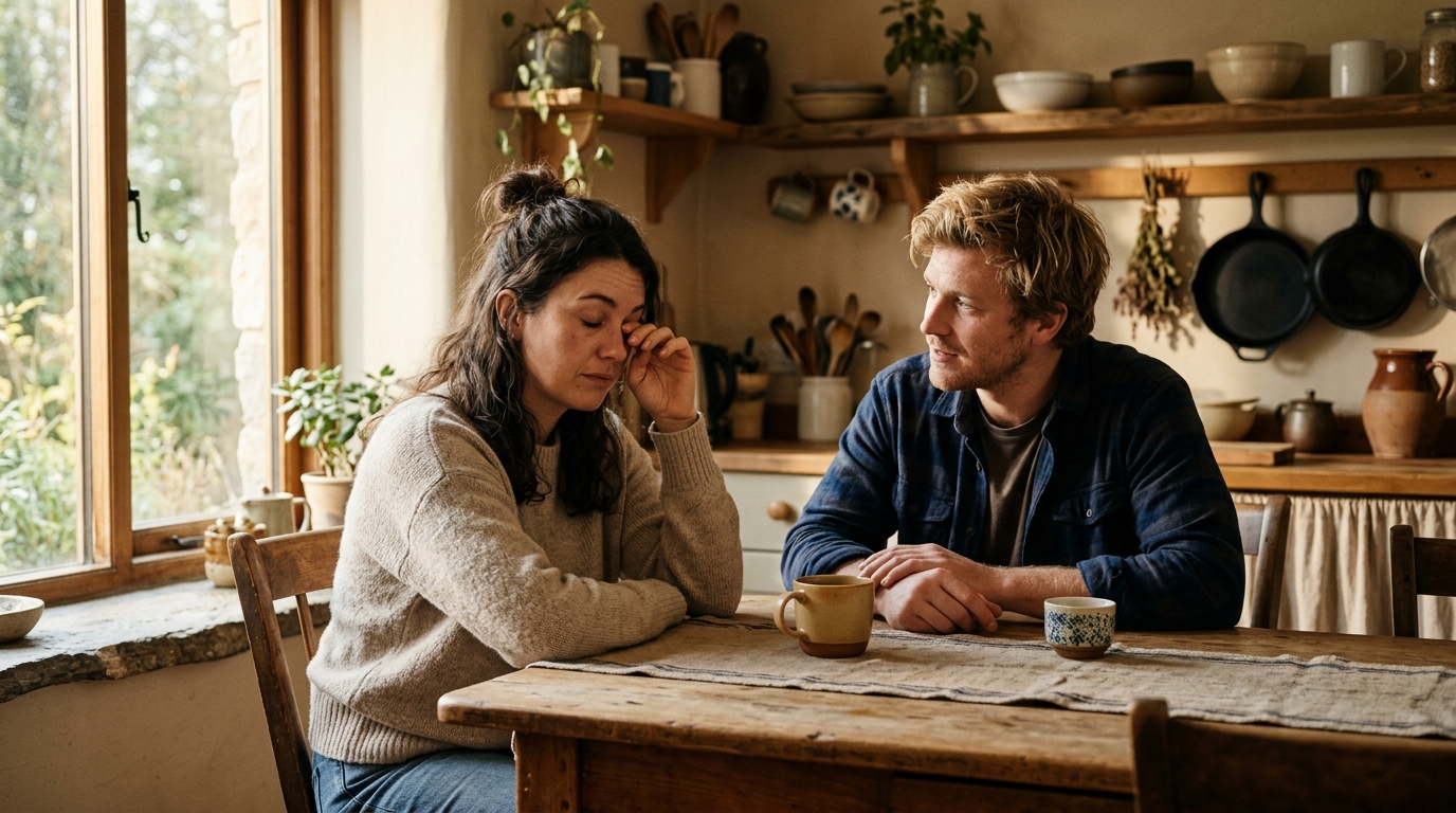 A couple sitting at a table having a conversation while the woman rubs her eyes in fatigue and emotional strain