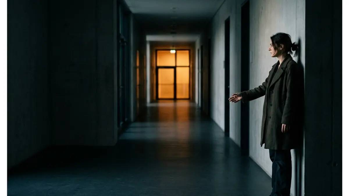 A woman standing at the far end of a long minimal hallway reaching out into the shadow, representing the anxious-avoidant trap