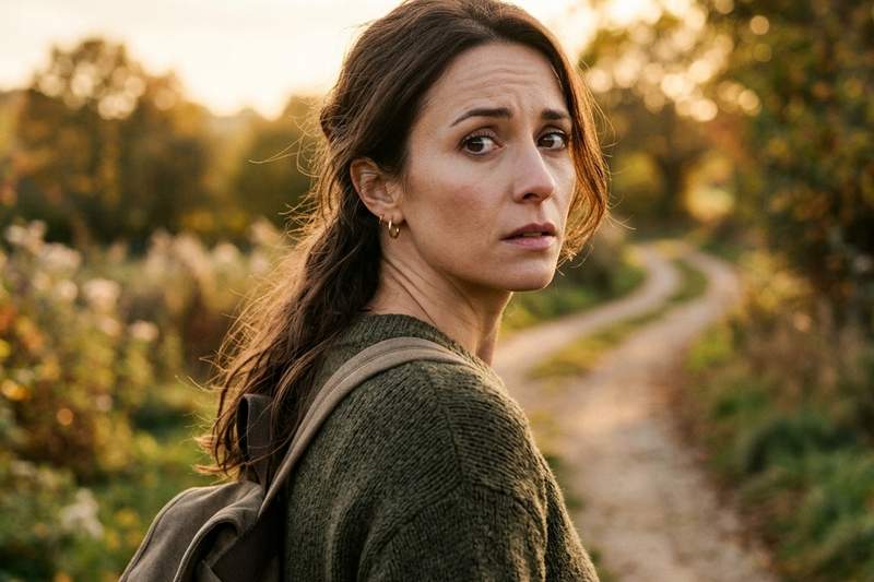A woman looking over her shoulder with an expression suspended between turning back and moving forward, representing the anxious-avoidant relationship trap