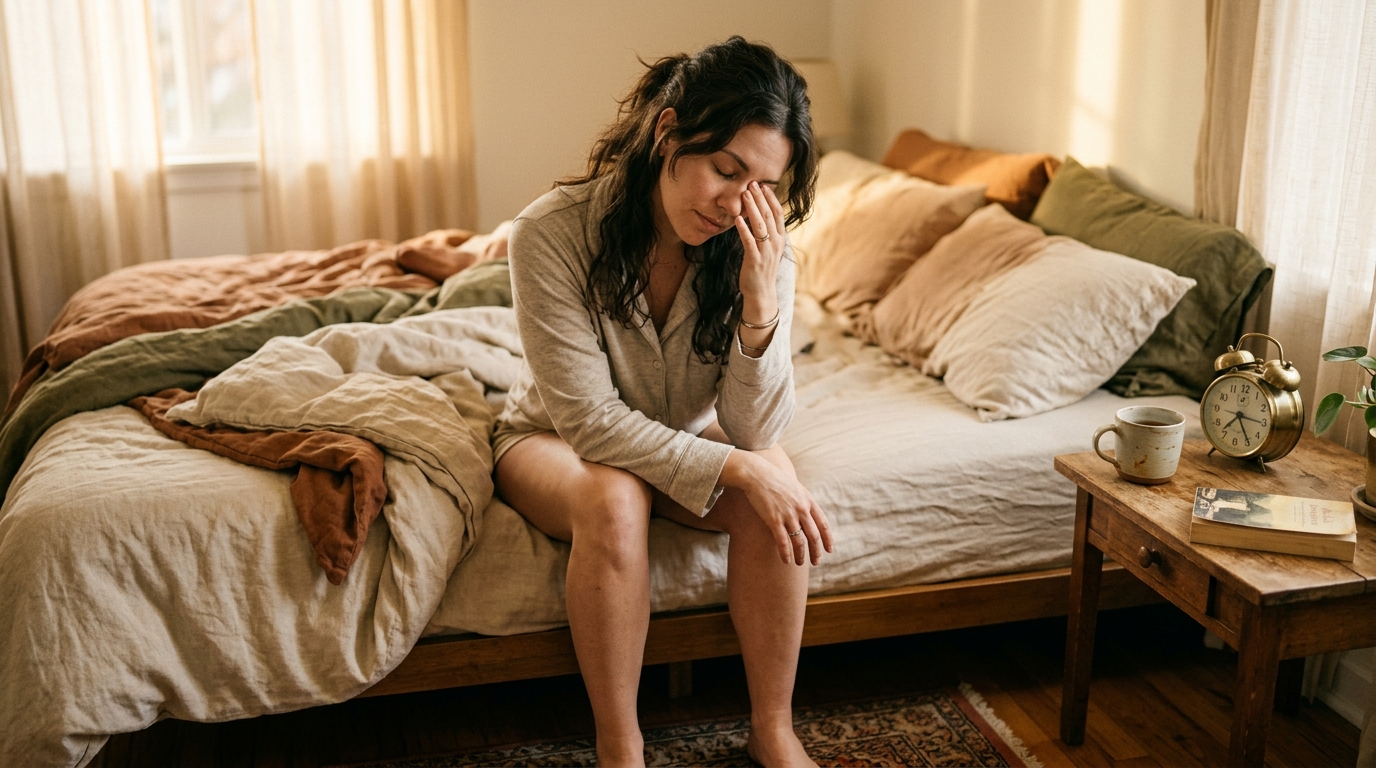 A person sitting on the edge of a bed in morning light, feeling the cognitive effects of sleep debt