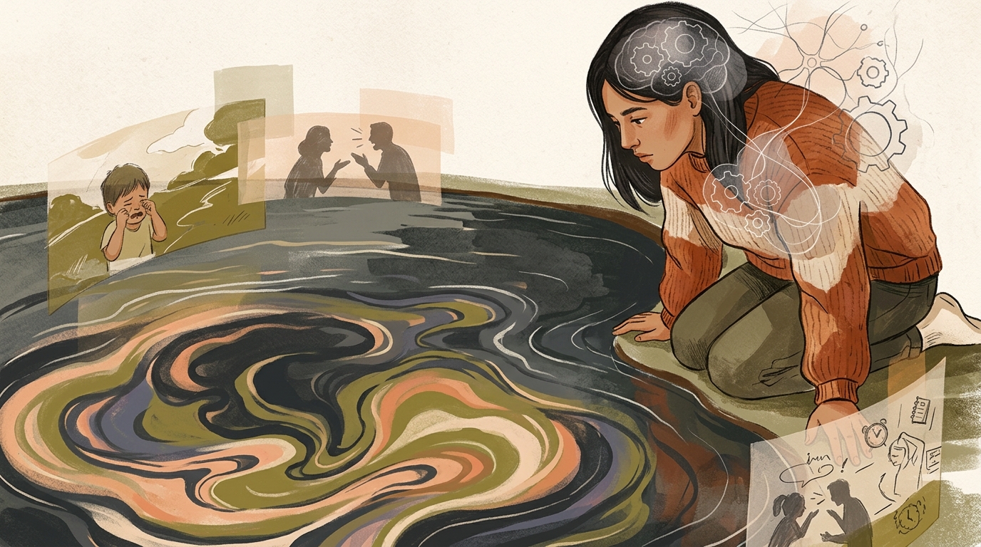 Editorial psychology illustration exploring causes of difficulty identifying emotions, showing childhood and stress reflection