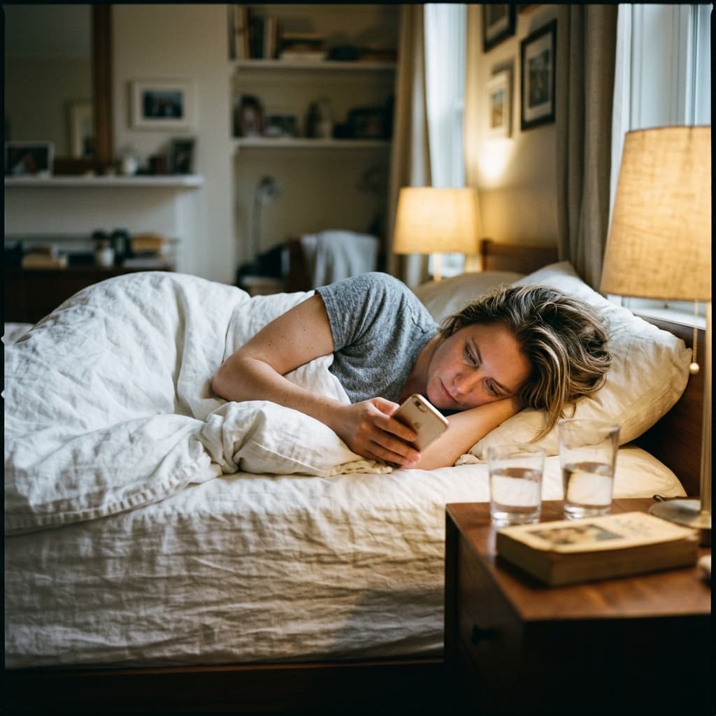 A woman holding her phone with both hands, staring at the screen with a look of quiet tension, representing the anxious attachment checking compulsion
