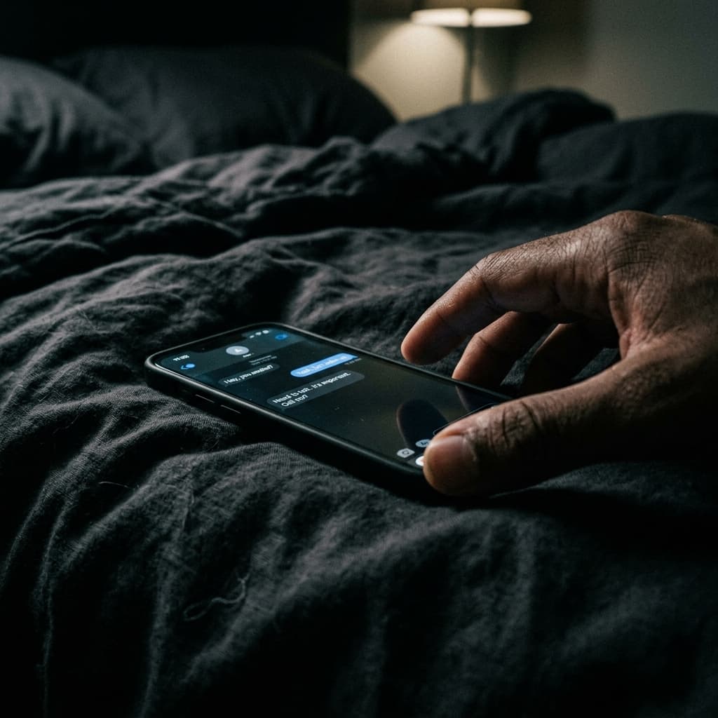A phone screen glowing in a dark room, held close, representing late-night reassurance-seeking