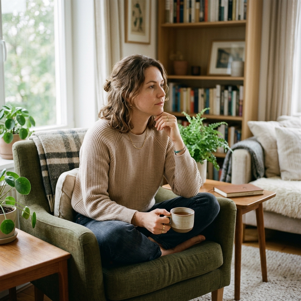 A woman in quiet self-reflection, contemplating her relationship dynamics